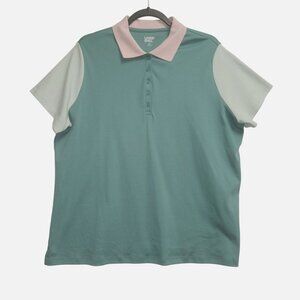 Lands End Womens Polo Shirt 1X 16W-18W Green & Pink Cotton/Spandex 4020